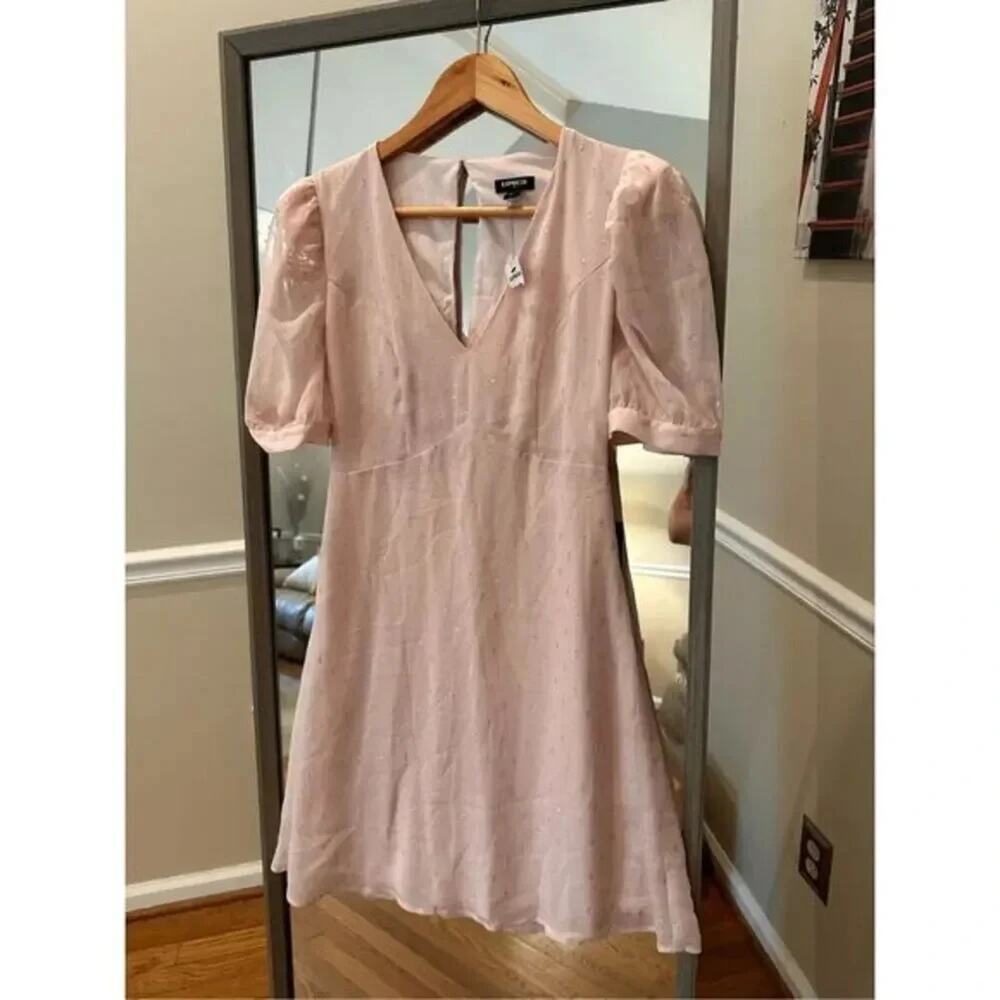 Express Metallic Clip Dot Puff Sleeves Fit & Flare Pink Mini Dress Size XS - Picture 1 of 4